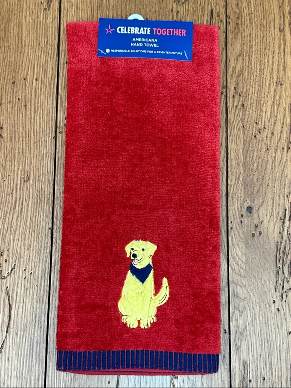 Dog Embroidered Red Hand Towel wth Yellow Labrador Motif